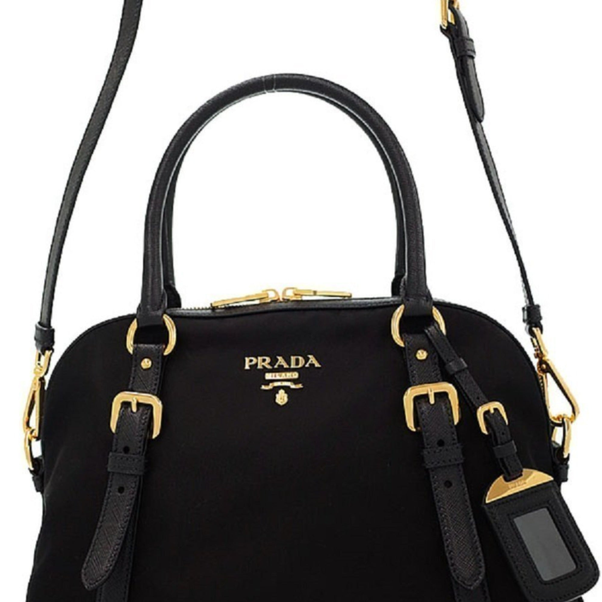 Prada Tessuto Nylon Saffiano Leather Black Satchel Bag available at Queen Bee of Beverly Hills