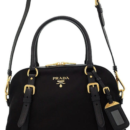 Prada Tessuto Nylon Saffiano Leather Black Satchel Bag available at Queen Bee of Beverly Hills
