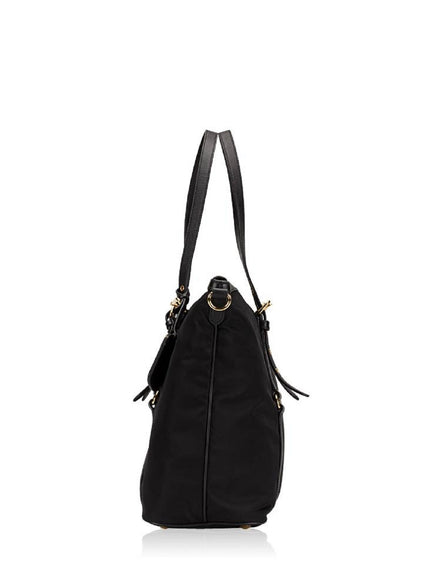 Prada Tessuto Nylon Saffiano Leather Black Top Zip Tote Bag available at Queen Bee of Beverly Hills