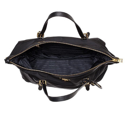 Prada Tessuto Nylon Saffiano Leather Black Top Zip Tote Bag available at Queen Bee of Beverly Hills