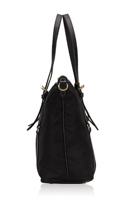 Prada Tessuto Nylon Saffiano Leather Black Top Zip Tote Bag available at Queen Bee of Beverly Hills