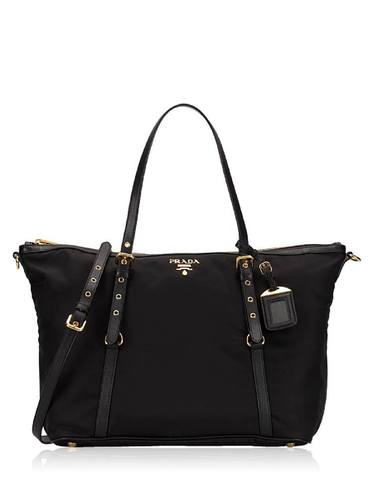Prada Tessuto Nylon Saffiano Leather Black Top Zip Tote Bag available at Queen Bee of Beverly Hills