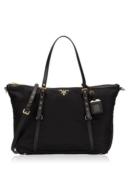 Prada Tessuto Nylon Saffiano Leather Black Top Zip Tote Bag available at Queen Bee of Beverly Hills