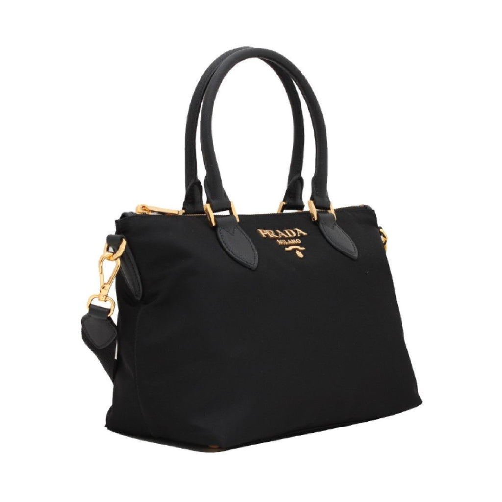 Prada Tessuto Nylon Saffiano Leather Black Top Zip Tote Bag