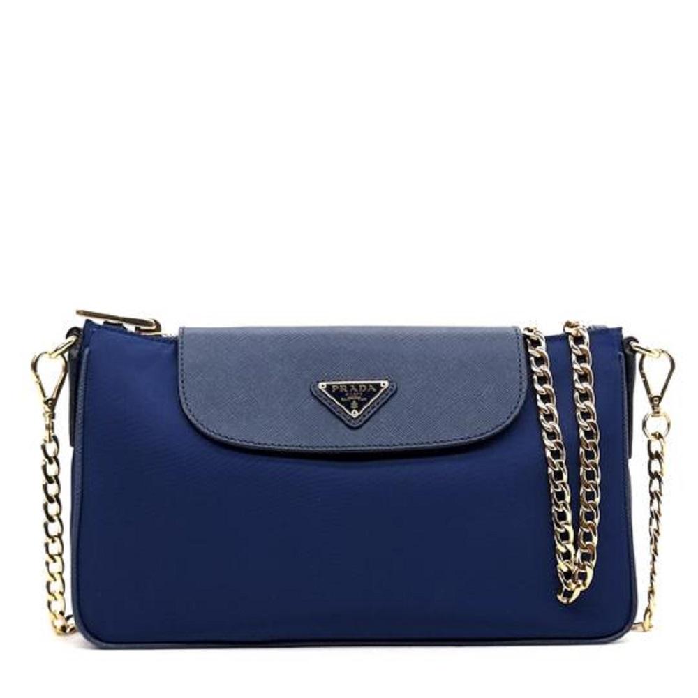 Prada Nylon Saffiano Leather Navy Blue Bandoliera Crossbody Handbag 1BH085