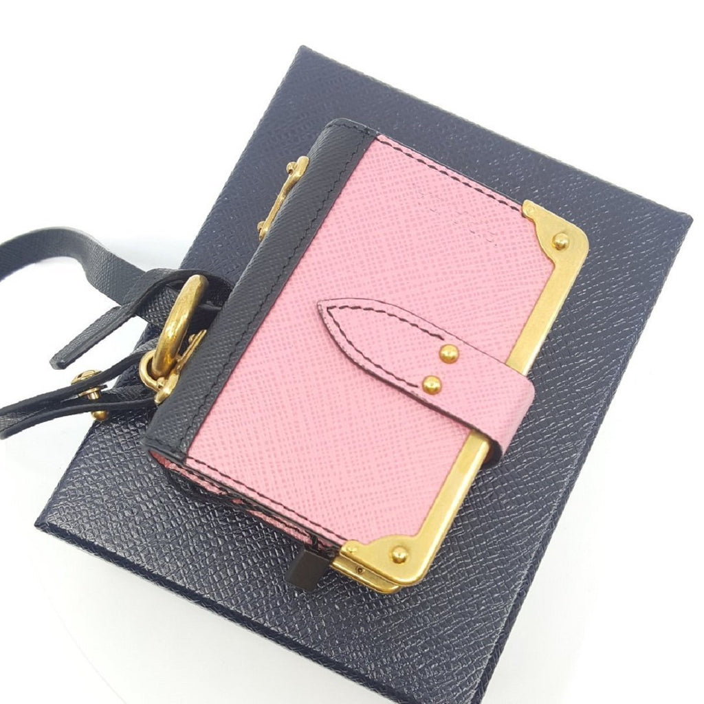 Prada Trick in Pelle Pink Black Gold-tone Hardware Keychain Journal Saffiano Leather 1TL058 at_Queen_Bee_of_Beverly_Hills