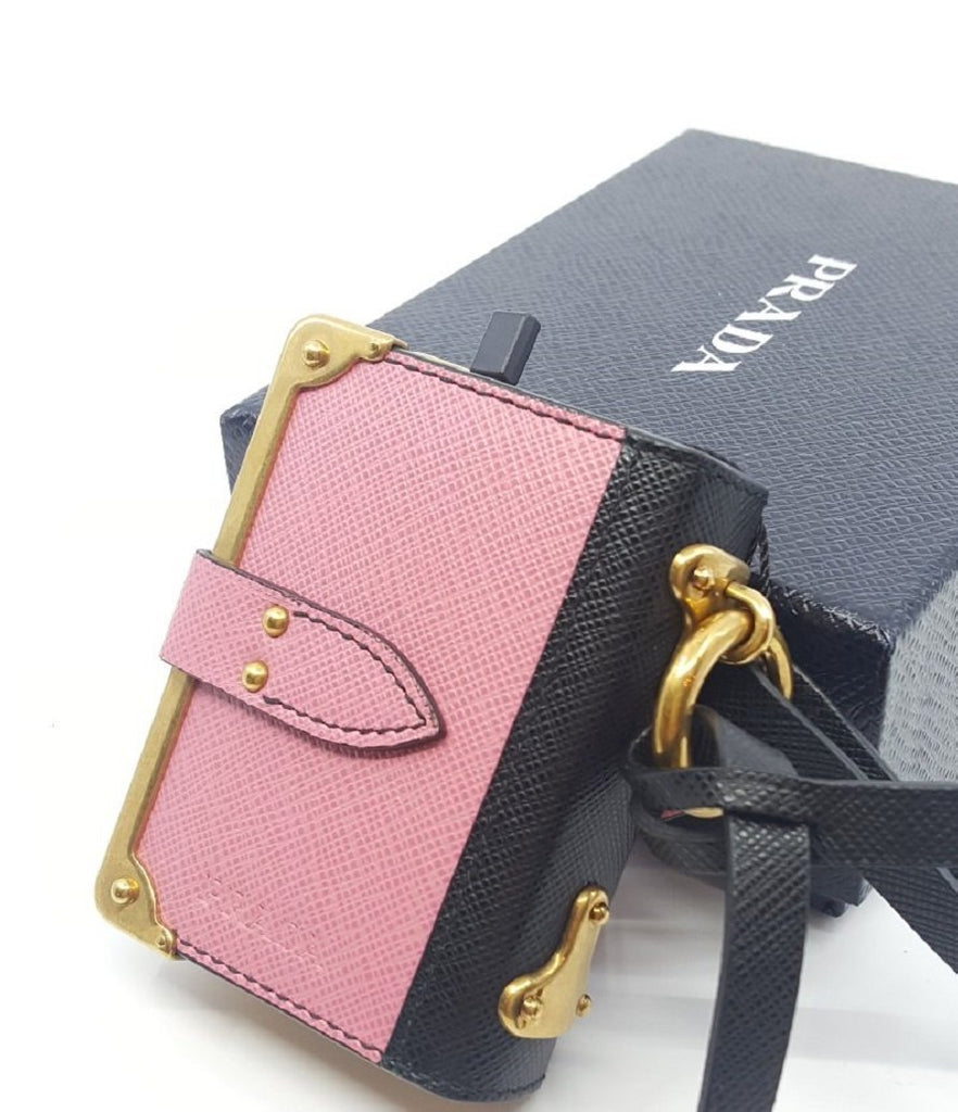 Prada Trick in Pelle Pink Black Gold-tone Hardware Keychain Journal Saffiano Leather 1TL058 at_Queen_Bee_of_Beverly_Hills