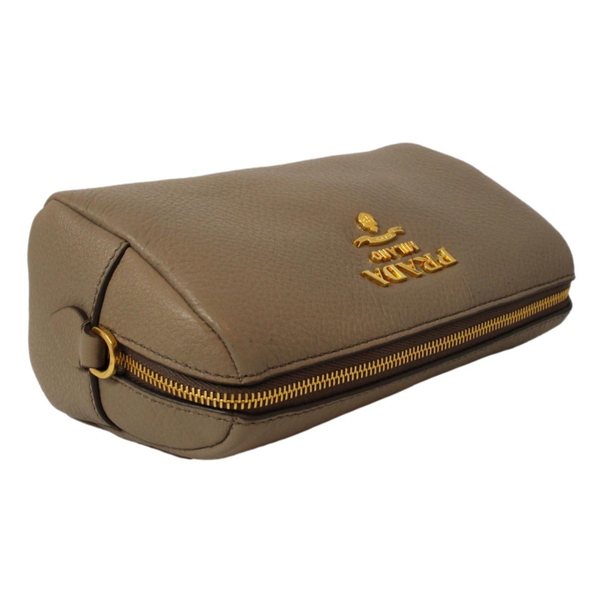 Prada Vitello Daino Argilla Grey Leather Cosmetic Pouch available at Queen Bee of Beverly Hills