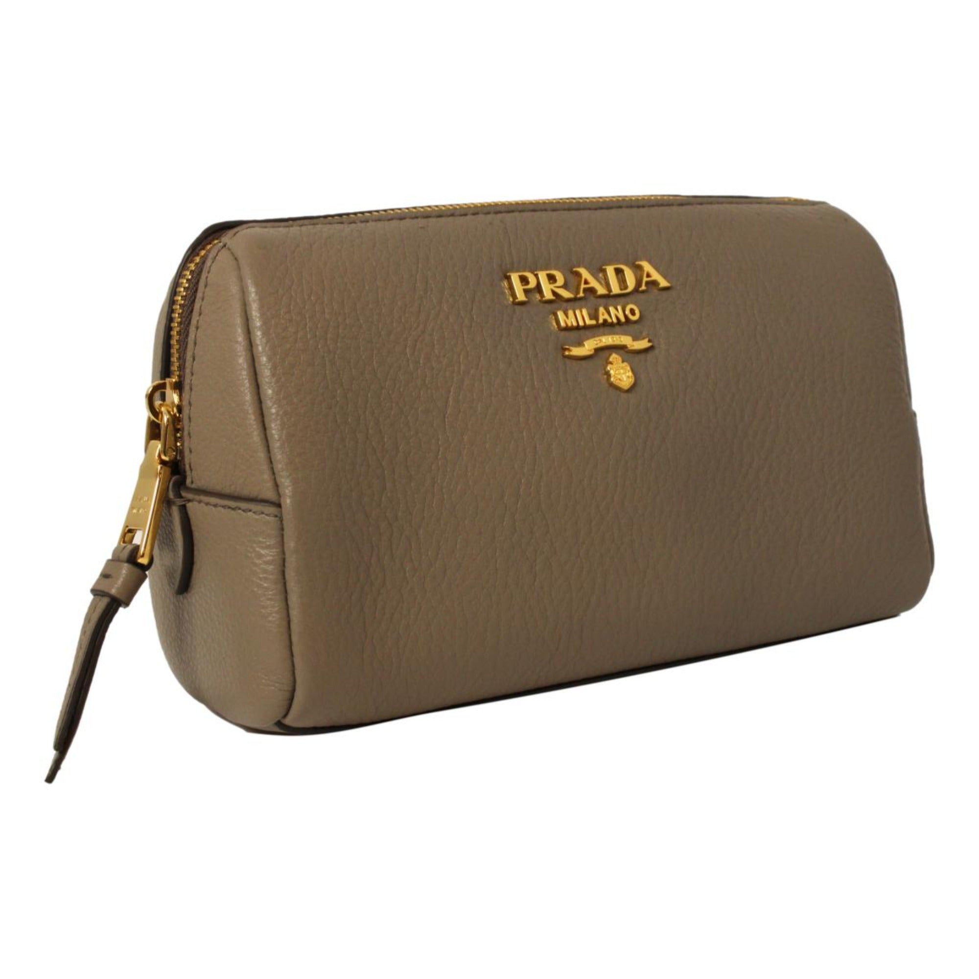 Prada Vitello Daino Argilla Grey Leather Cosmetic Pouch available at Queen Bee of Beverly Hills