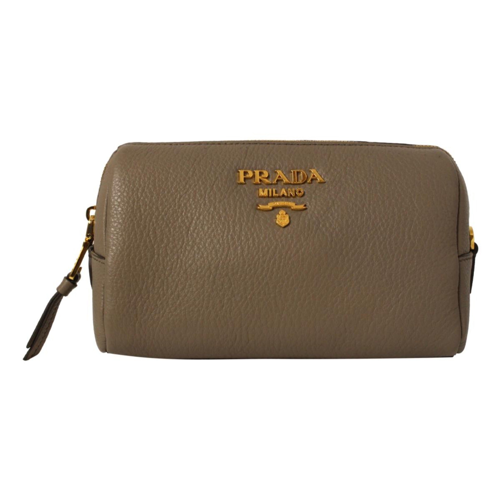 Prada Vitello Daino Argilla Grey Leather Cosmetic Pouch available at Queen Bee of Beverly Hills