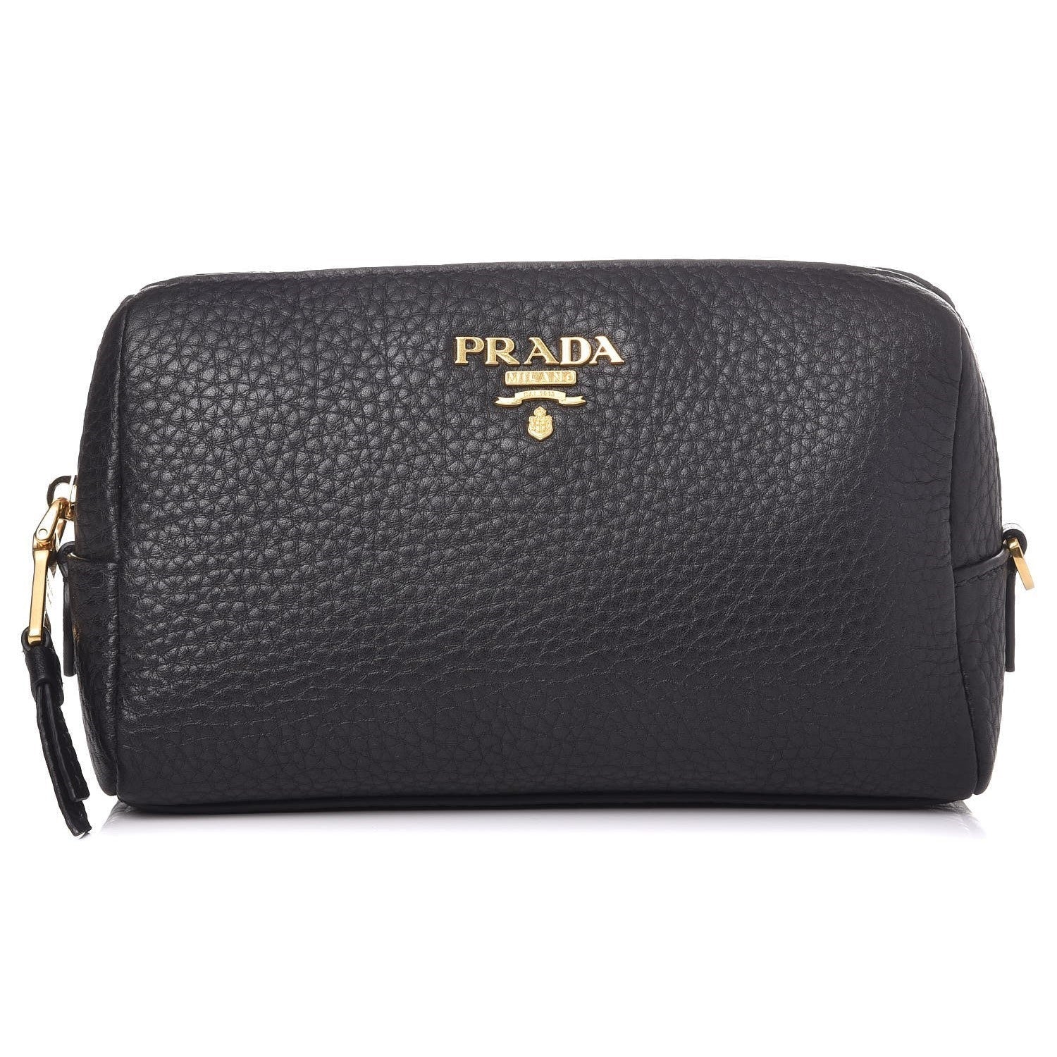 Prada Vitello Daino Black Leather Cosmetic Pouch available at Queen Bee of Beverly Hills