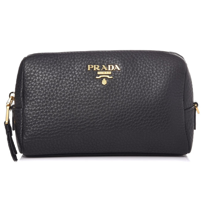 Prada Vitello Daino Black Leather Cosmetic Pouch available at Queen Bee of Beverly Hills