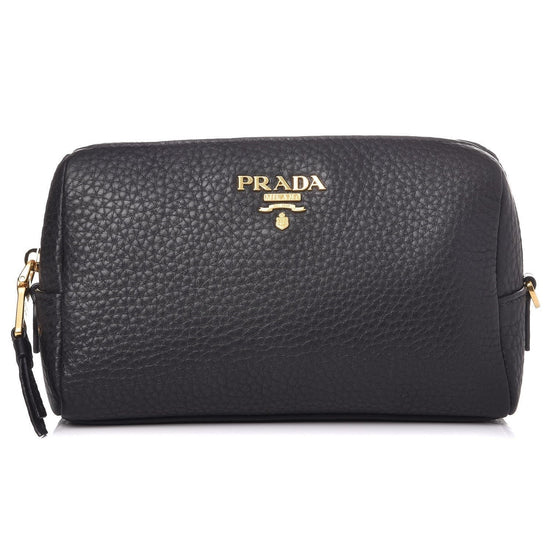 Prada Vitello Daino Black Leather Cosmetic Pouch available at Queen Bee of Beverly Hills