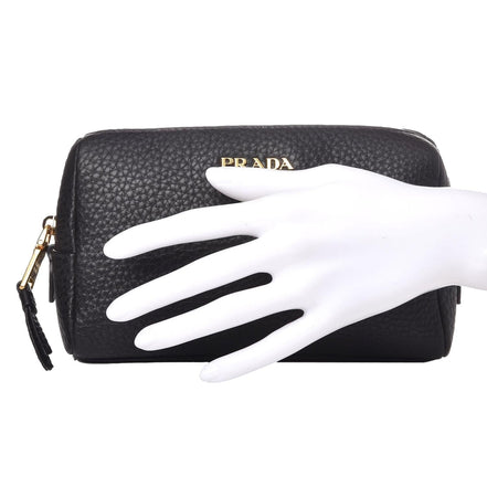 Prada Vitello Daino Black Leather Cosmetic Pouch available at Queen Bee of Beverly Hills