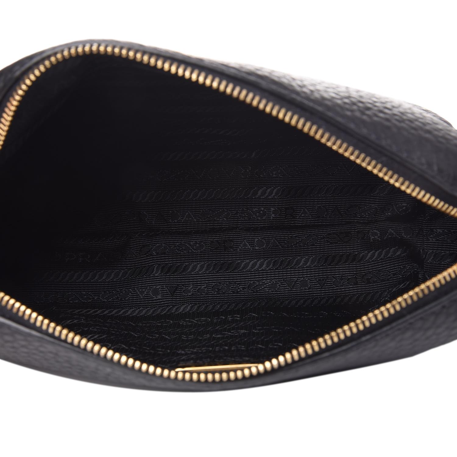 Prada Vitello Daino Black Leather Cosmetic Pouch available at Queen Bee of Beverly Hills