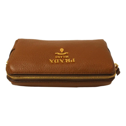 Prada Vitello Daino Cannella Brown Leather Cosmetic Pouch Clutch Bag available at Queen Bee of Beverly Hills