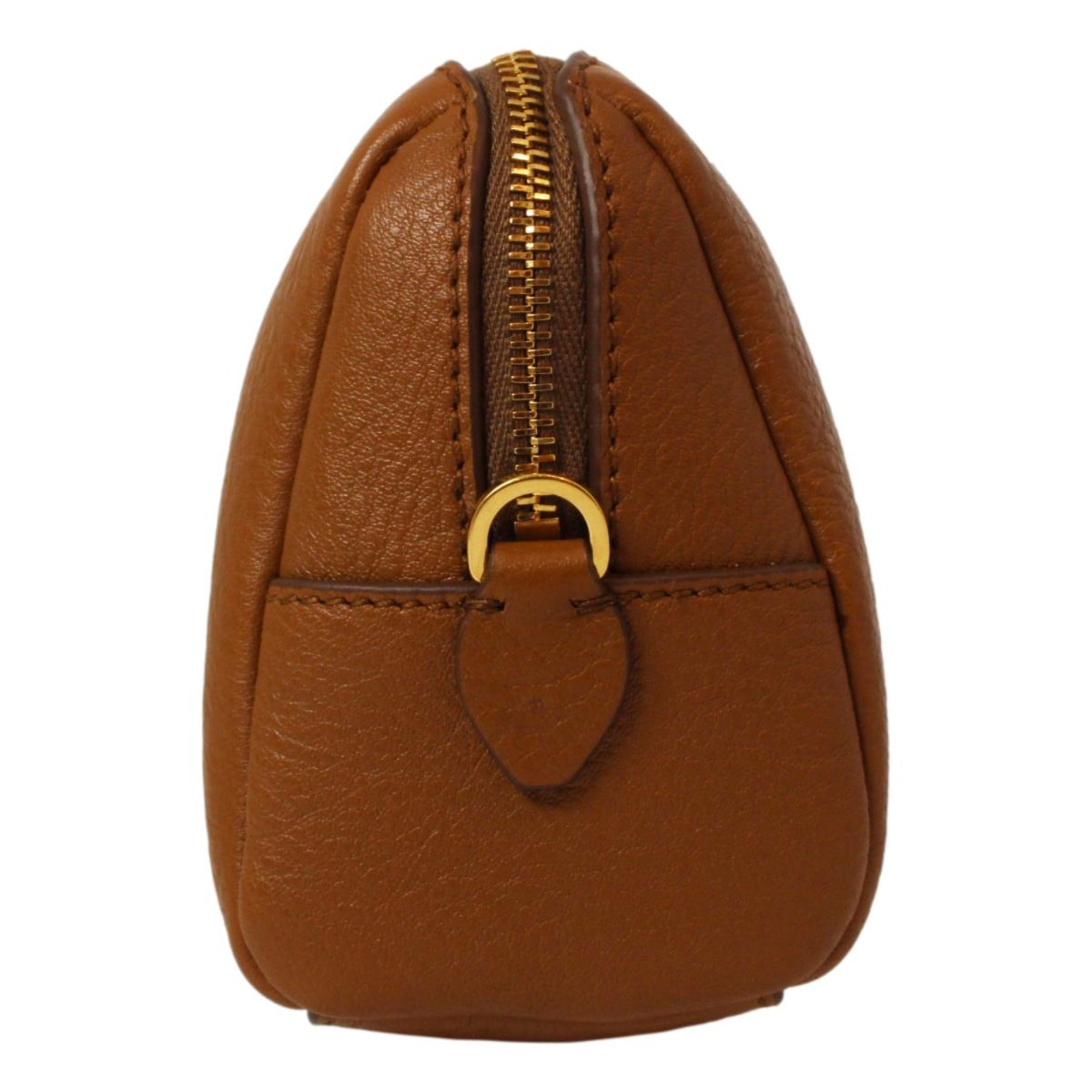 Prada Vitello Daino Cannella Brown Leather Cosmetic Pouch Clutch Bag available at Queen Bee of Beverly Hills