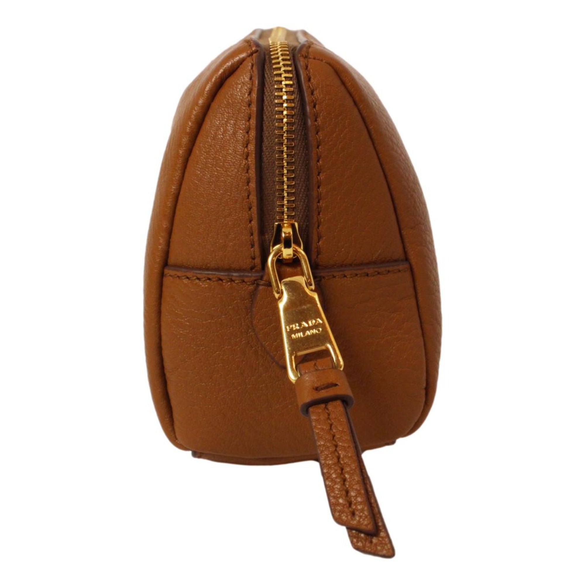 Prada Vitello Daino Cannella Brown Leather Cosmetic Pouch Clutch Bag available at Queen Bee of Beverly Hills