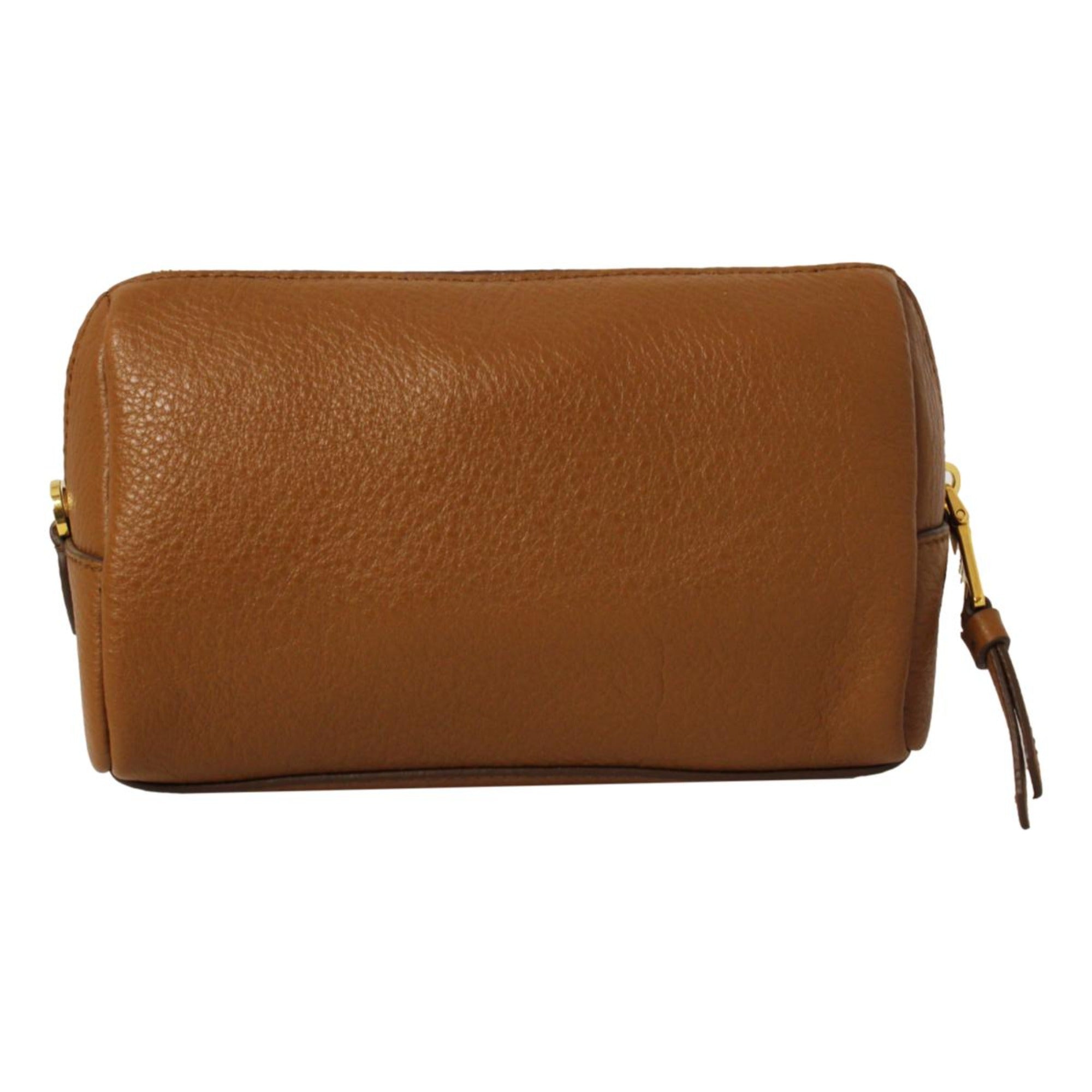 Prada Vitello Daino Cannella Brown Leather Cosmetic Pouch Clutch Bag available at Queen Bee of Beverly Hills