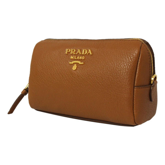 Prada Vitello Daino Cannella Brown Leather Cosmetic Pouch Clutch Bag available at Queen Bee of Beverly Hills