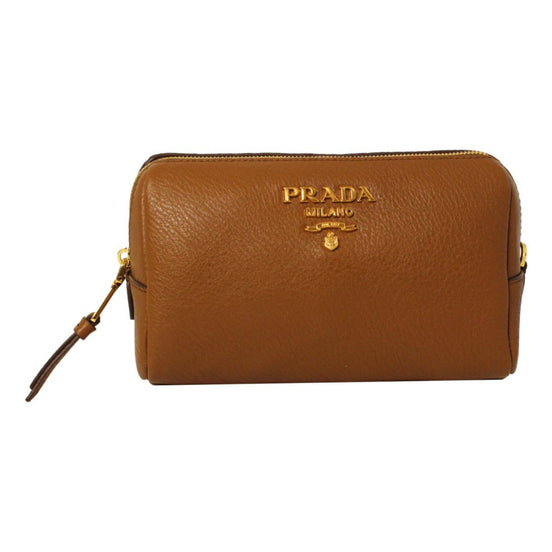 Prada Vitello Daino Cannella Brown Leather Cosmetic Pouch Clutch Bag available at Queen Bee of Beverly Hills