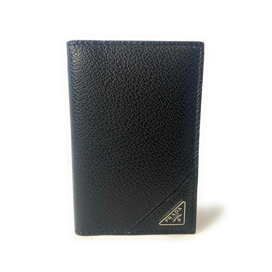 Prada Vitello Grain Black Leather Triangle Logo Vertical Bifold Wallet available at Queen Bee of Beverly Hills