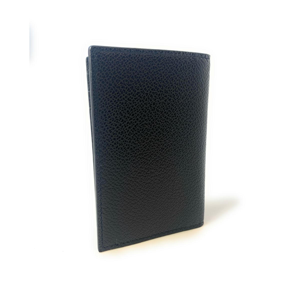 Prada Vitello Grain Black Leather Triangle Logo Vertical Bifold Wallet available at Queen Bee of Beverly Hills