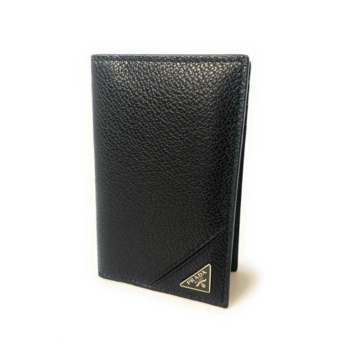 Prada Vitello Grain Black Leather Triangle Logo Vertical Bifold Wallet available at Queen Bee of Beverly Hills