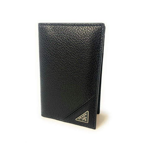 Prada Vitello Grain Black Leather Triangle Logo Vertical Bifold Wallet available at Queen Bee of Beverly Hills