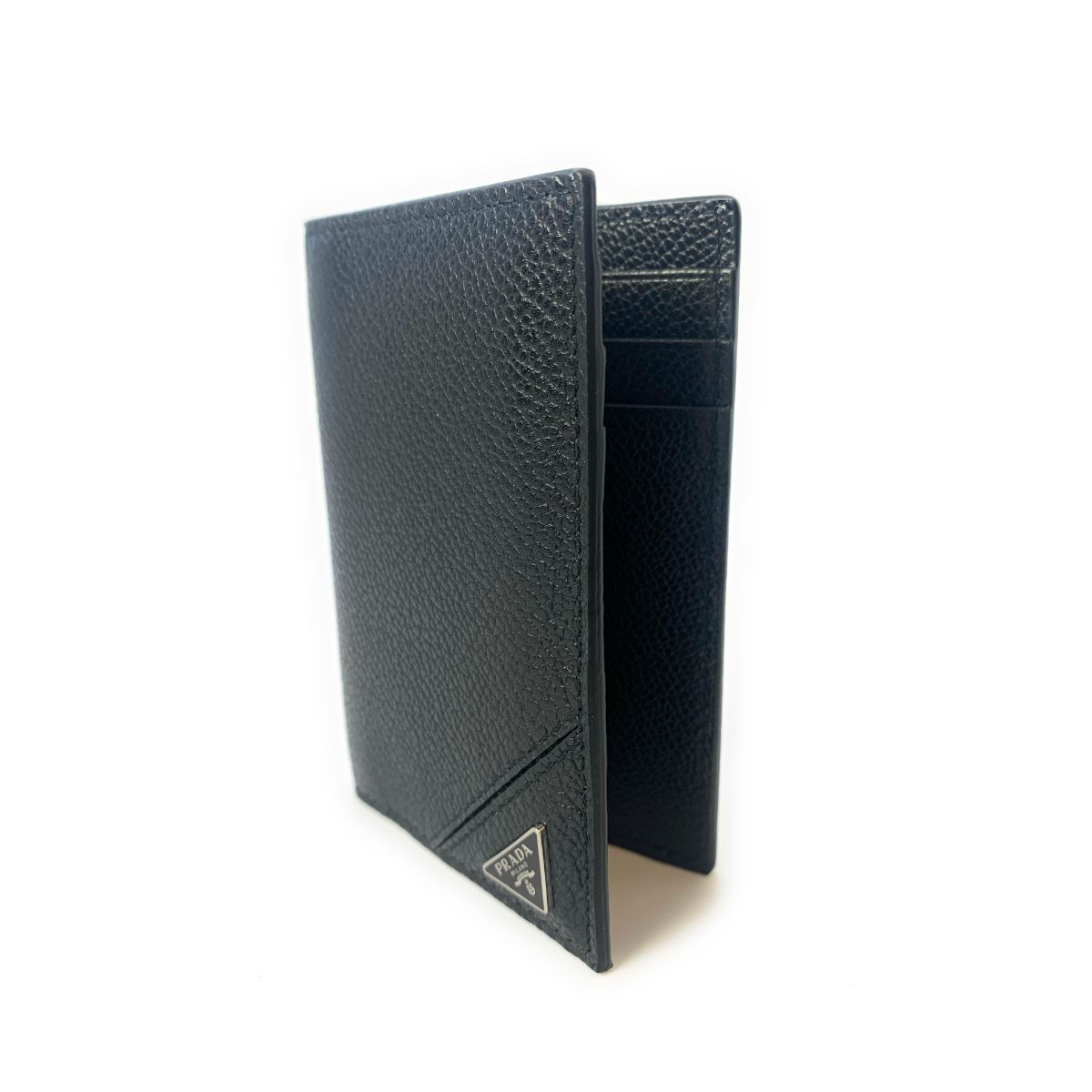Prada Vitello Grain Black Leather Triangle Logo Vertical Bifold Wallet available at Queen Bee of Beverly Hills
