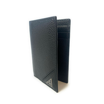 Prada Vitello Grain Black Leather Triangle Logo Vertical Bifold Wallet available at Queen Bee of Beverly Hills
