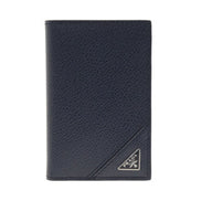 Prada Vitello Grain Blue Leather Triangle Logo Vertical Bifold Wallet available at Queen Bee of Beverly Hills