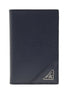 Prada Vitello Grain Blue Leather Triangle Logo Vertical Bifold Wallet available at Queen Bee of Beverly Hills