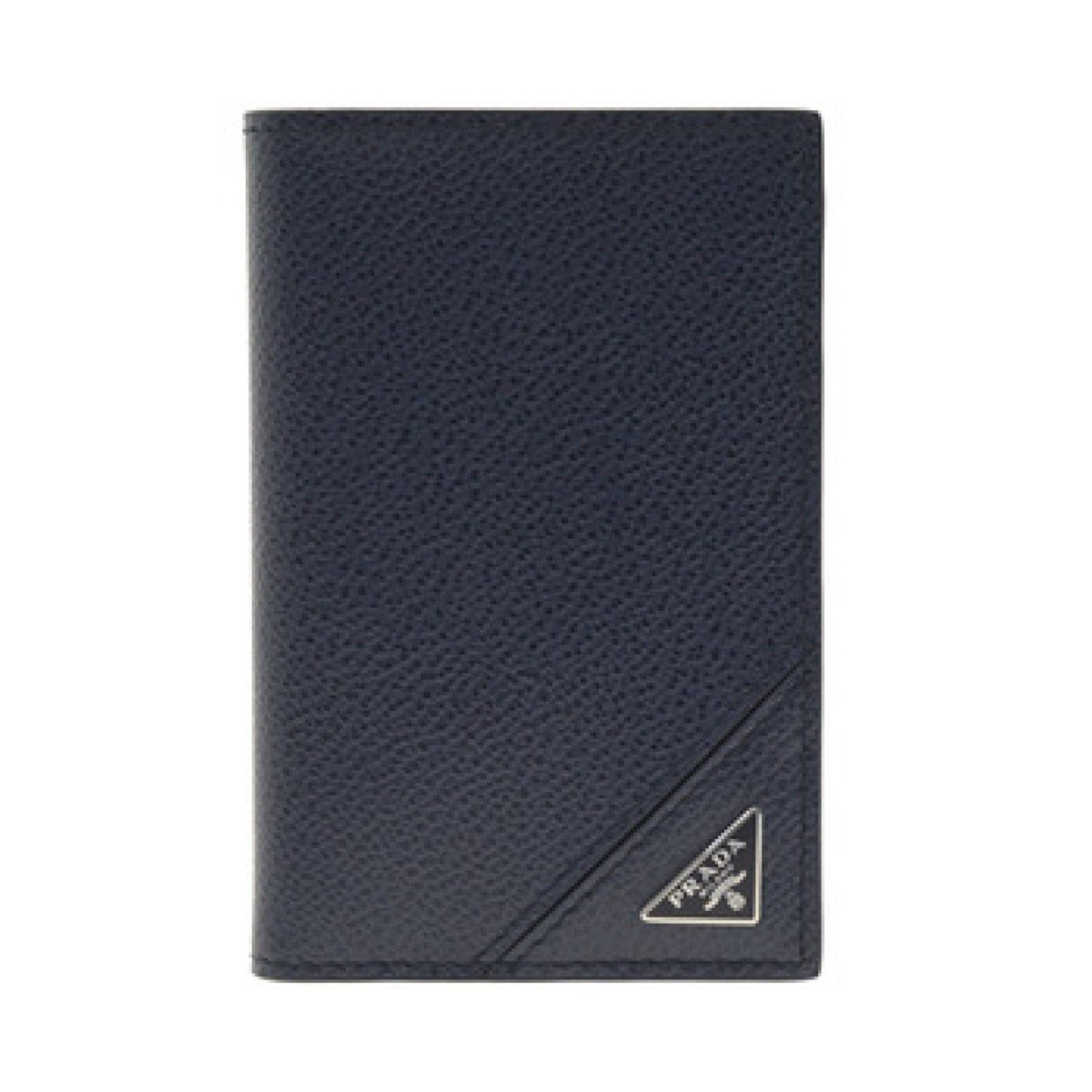 Prada Vitello Grain Blue Leather Triangle Logo Vertical Bifold Wallet available at Queen Bee of Beverly Hills