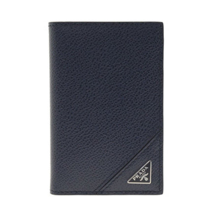 Prada Vitello Grain Blue Leather Triangle Logo Vertical Bifold Wallet available at Queen Bee of Beverly Hills