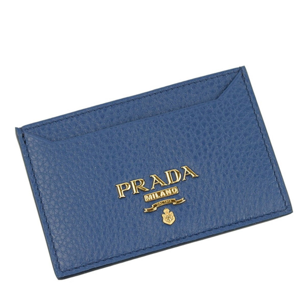 Prada Vitello Grain Leather Bluette Blue Gold Logo Card Holder 1MC208 at_Queen_Bee_of_Beverly_Hills
