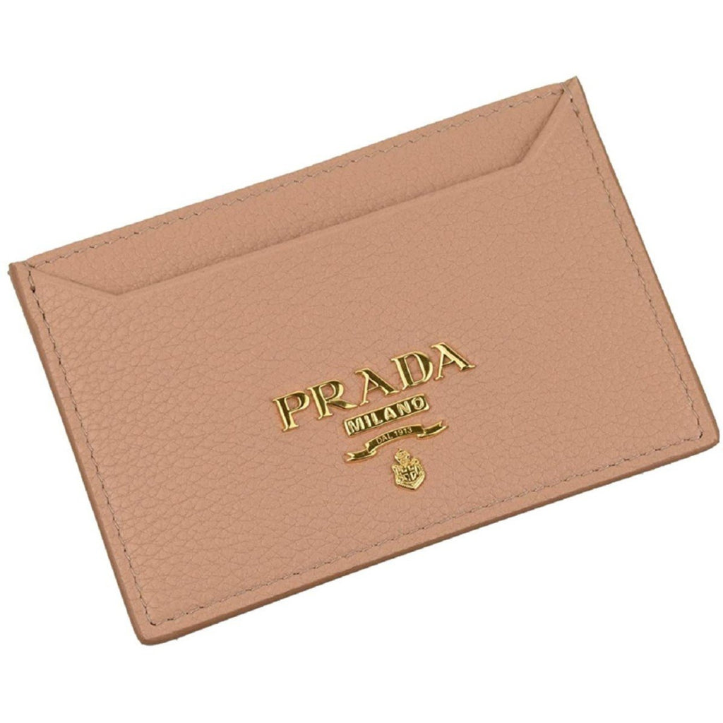 Prada Vitello Grain Leather Card Holder Cipria Beige Gold Logo