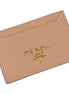 Prada Vitello Grain Leather Card Holder Cipria Beige Gold Logo available at Queen Bee of Beverly Hills