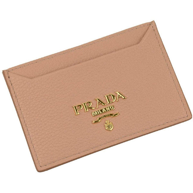 Prada Vitello Grain Leather Card Holder Cipria Beige Gold Logo available at Queen Bee of Beverly Hills