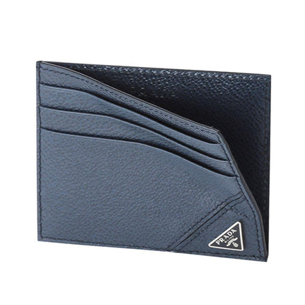 Prada Vitello Micro Grain Navy Triangle Logo Cardholder Wallet available at Queen Bee of Beverly Hills