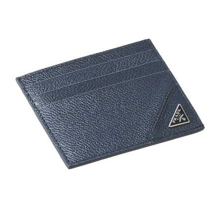 Prada Vitello Micro Grain Navy Triangle Logo Cardholder Wallet available at Queen Bee of Beverly Hills