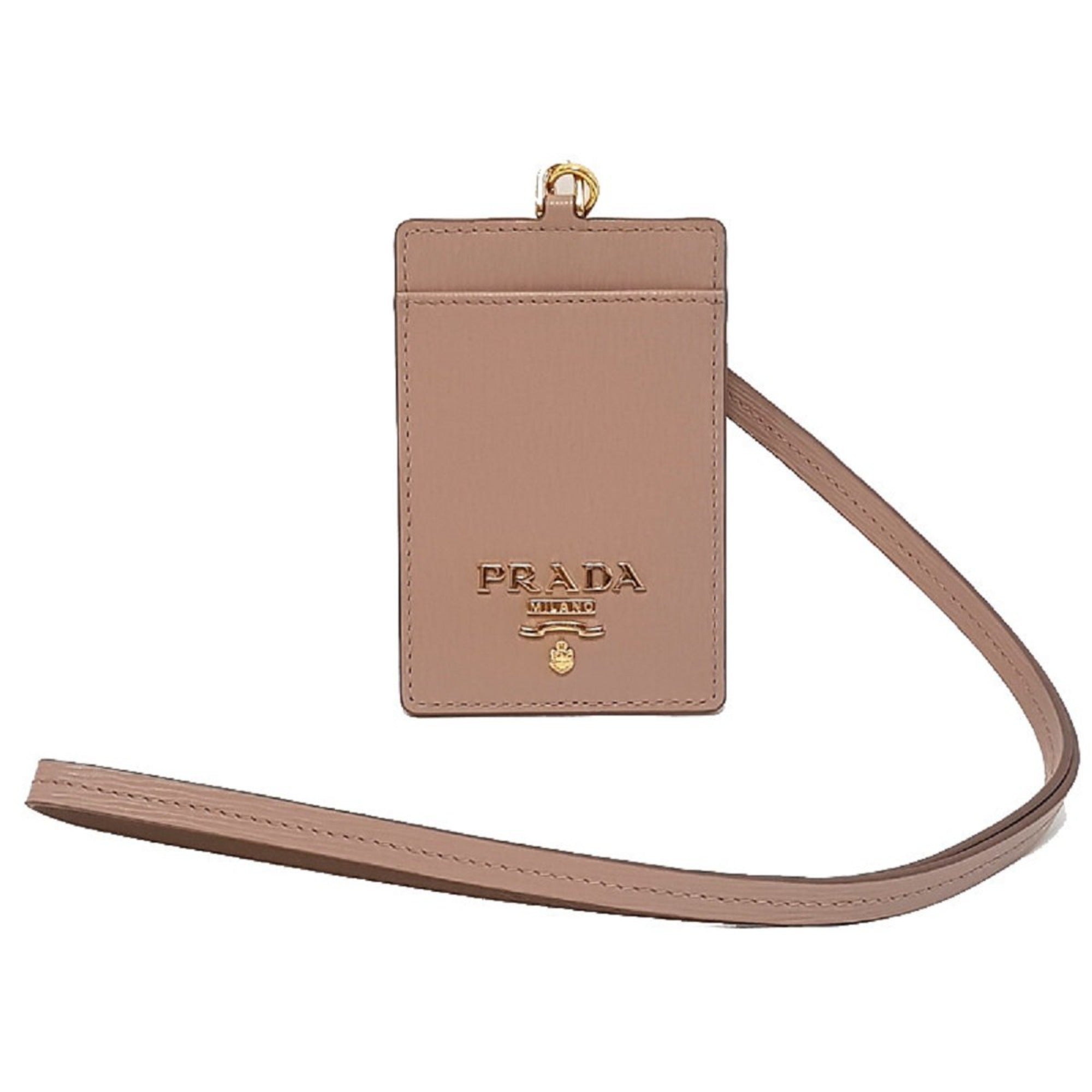 Prada Vitello Move Beige Leather Logo Plaque Lanyard Cardholder Wallet available at Queen Bee of Beverly Hills