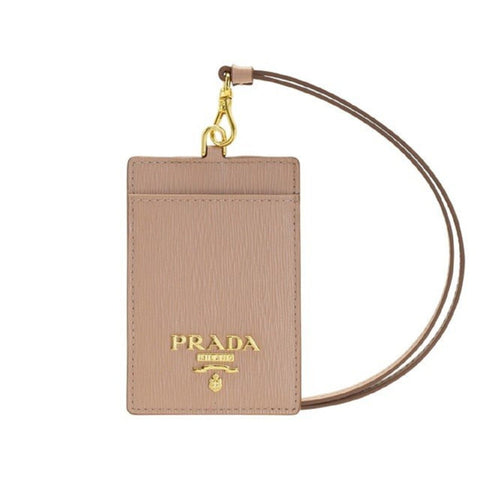 Prada Vitello Move Beige Leather Logo Plaque Lanyard Cardholder Wallet available at Queen Bee of Beverly Hills