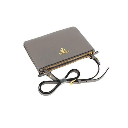 Prada Vitello Phenix Argilla Gray Leather Logo Plaque Crossbody Bag available at Queen Bee of Beverly Hills