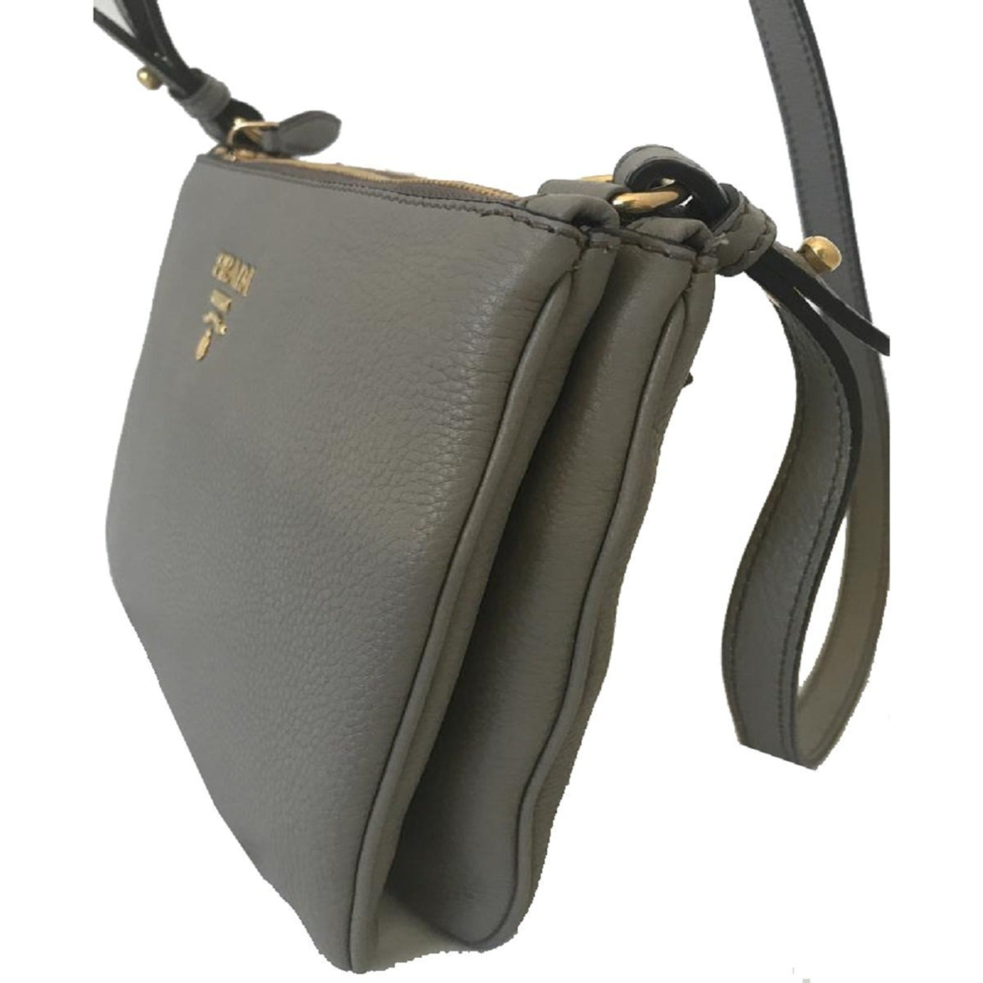 Prada Vitello Phenix Argilla Gray Leather Logo Plaque Crossbody Bag available at Queen Bee of Beverly Hills