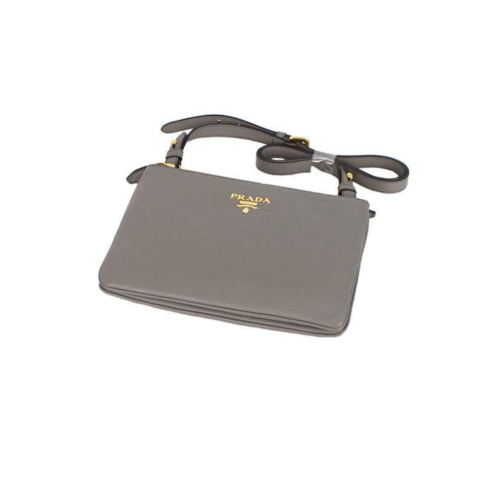Prada Vitello Phenix Argilla Gray Leather Logo Plaque Crossbody Bag available at Queen Bee of Beverly Hills