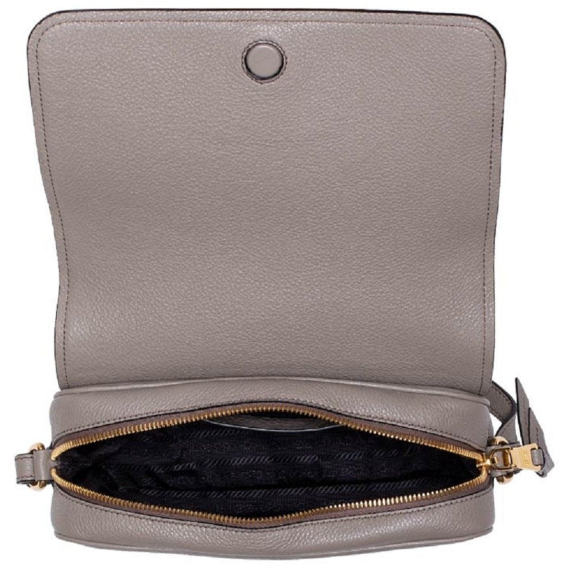 Prada Vitello Phenix Argilla Grey Leather Flap Crossbody Bag available at Queen Bee of Beverly Hills