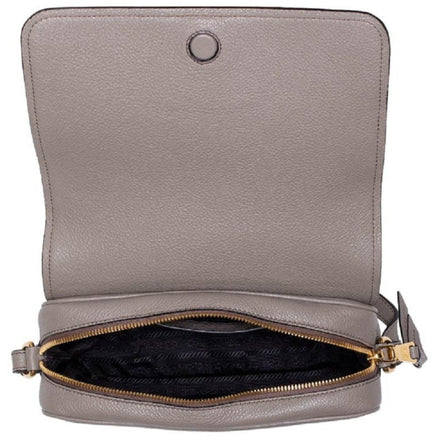 Prada Vitello Phenix Argilla Grey Leather Flap Crossbody Bag available at Queen Bee of Beverly Hills