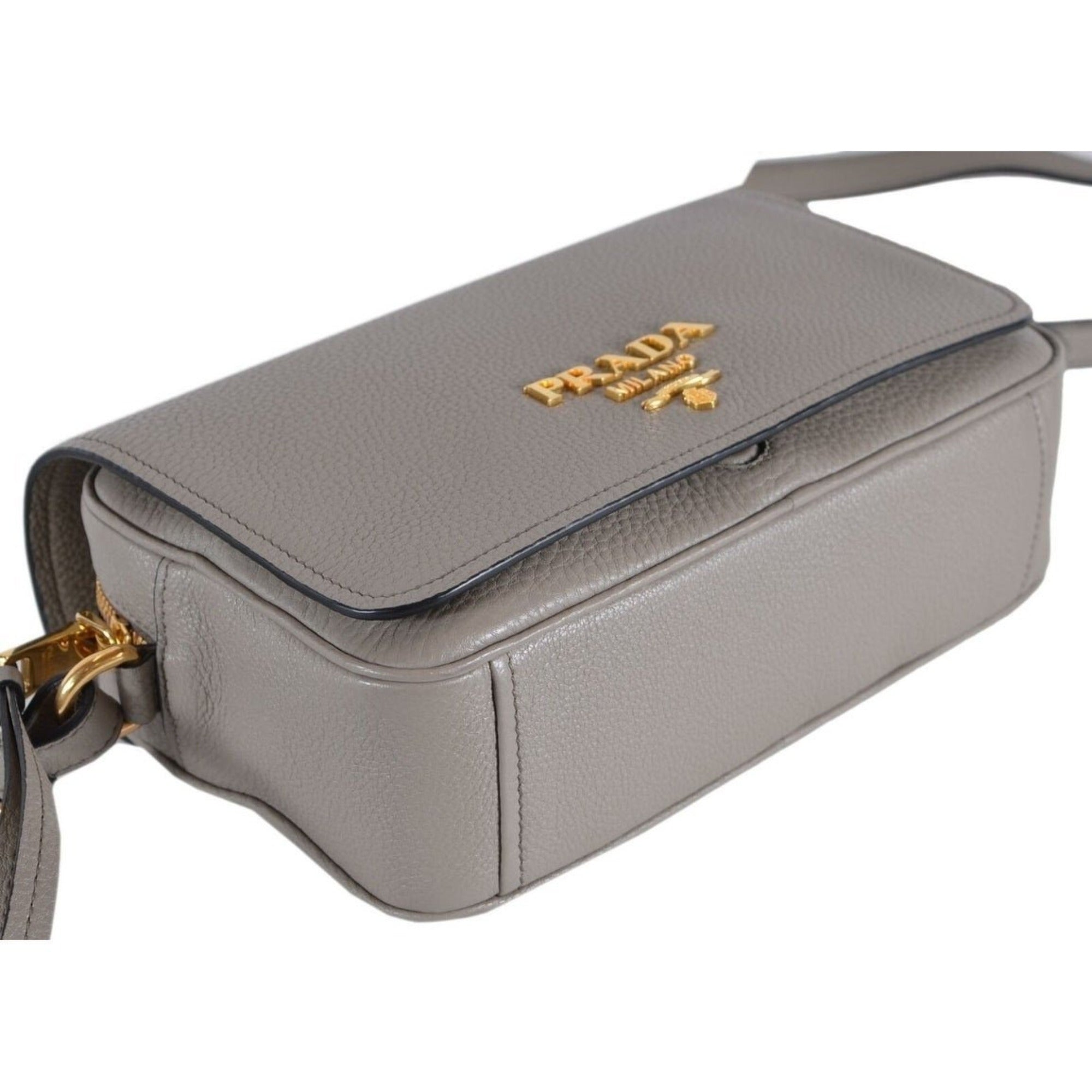 Prada Vitello Phenix Argilla Grey Leather Flap Crossbody Bag available at Queen Bee of Beverly Hills