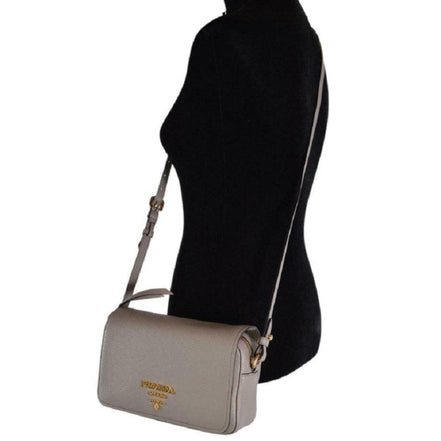 Prada Vitello Phenix Argilla Grey Leather Flap Crossbody Bag available at Queen Bee of Beverly Hills